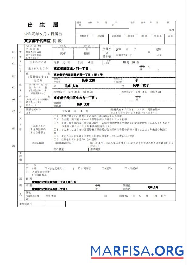 Realistic Japan vital record birth certificate in Word and PDF format template